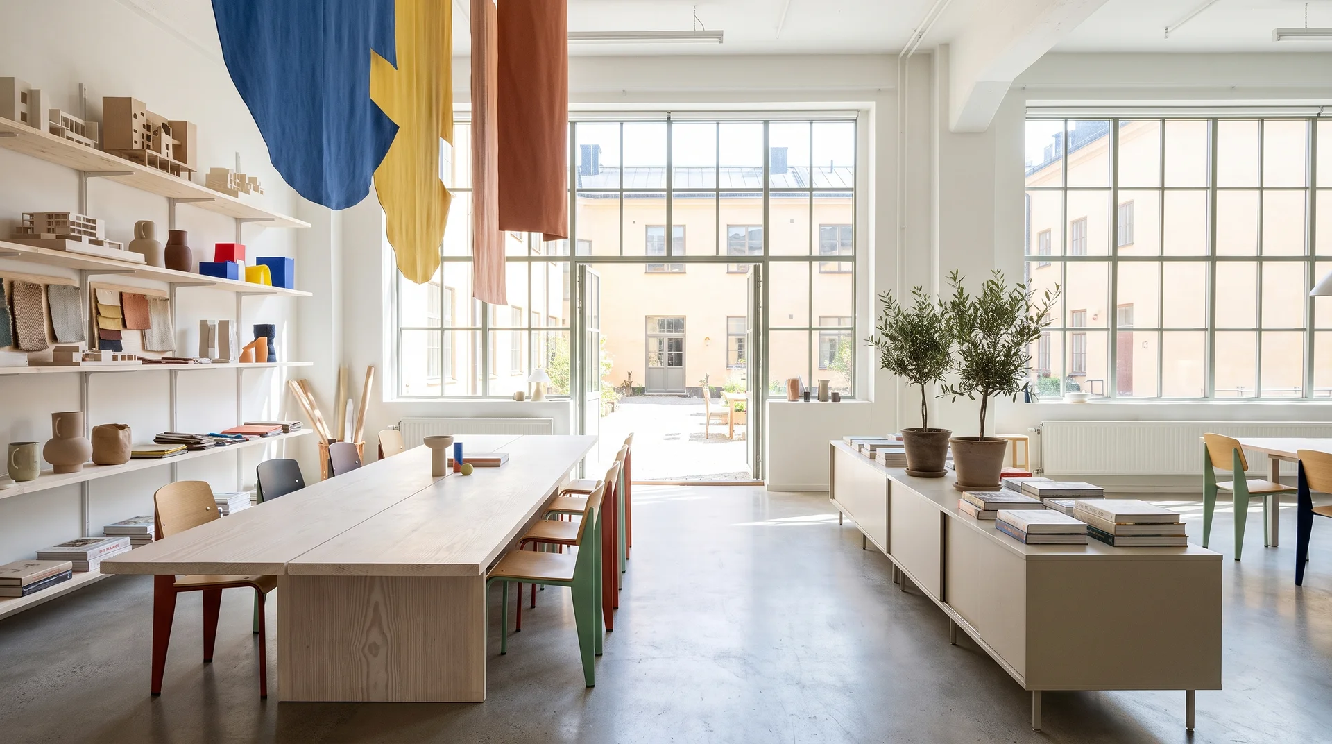 Ljust designstudio med färgglada stolar, hyllor och stora fönster.
