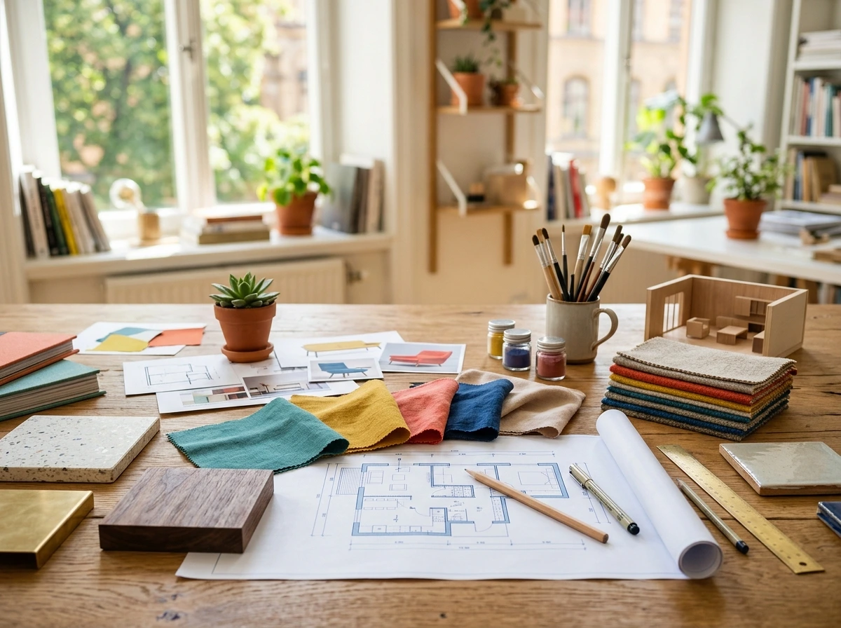 En inredningsdesigners arbetsbord med ritningar, tygprover och penslar.