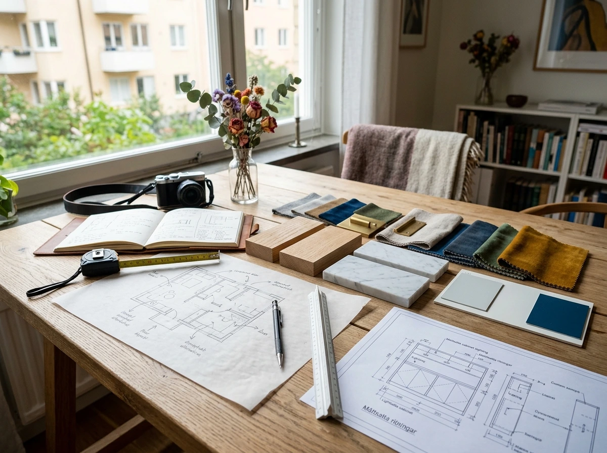 Ett träbord med arkitektritningar, materialprover, måttband och kamera.